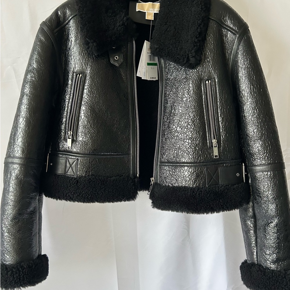 Michael Kors Crackled Leather and Shearling Cropped Jacket